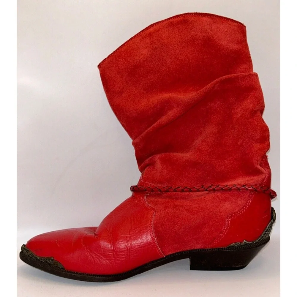 ZODIAC Vintage 80s Lauper Red Leather Slouchy Cowboy Boots Womens 6.5 Charm‎